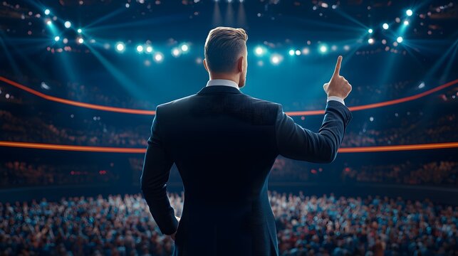A speaker in formal attire passionately gestures on stage, addressing a captivated audience under focused lighting.