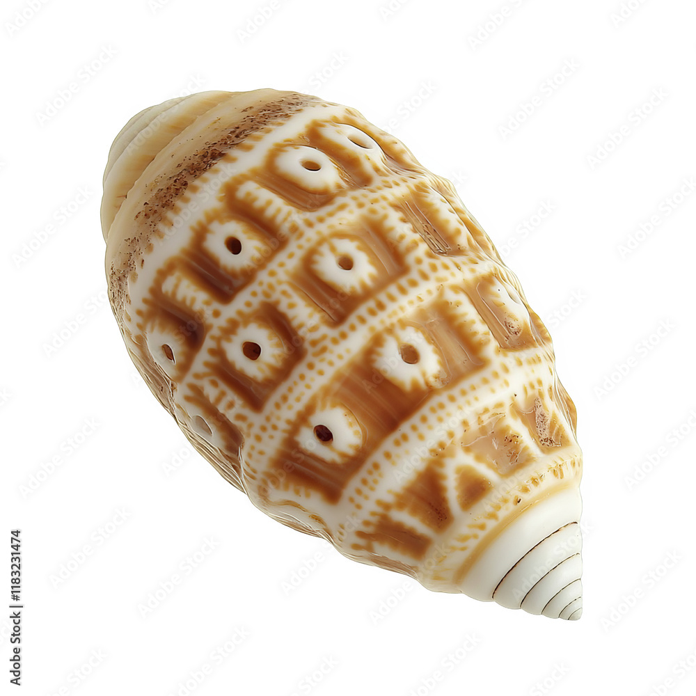 Poster detailed close-up of a small brown and white seashell with intricate patterns and textures