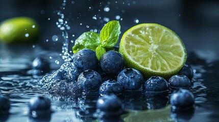 Blueberries and limes splashing on a black background, with vibrant droplets creating a dynamic and fresh motion, symbolizing vitality, flavor, and natural freshness in food and beverage design.