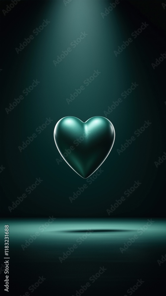 Poster a glowing teal heart floats in a dark space, illuminated by a soft spotlight, creating a serene and 