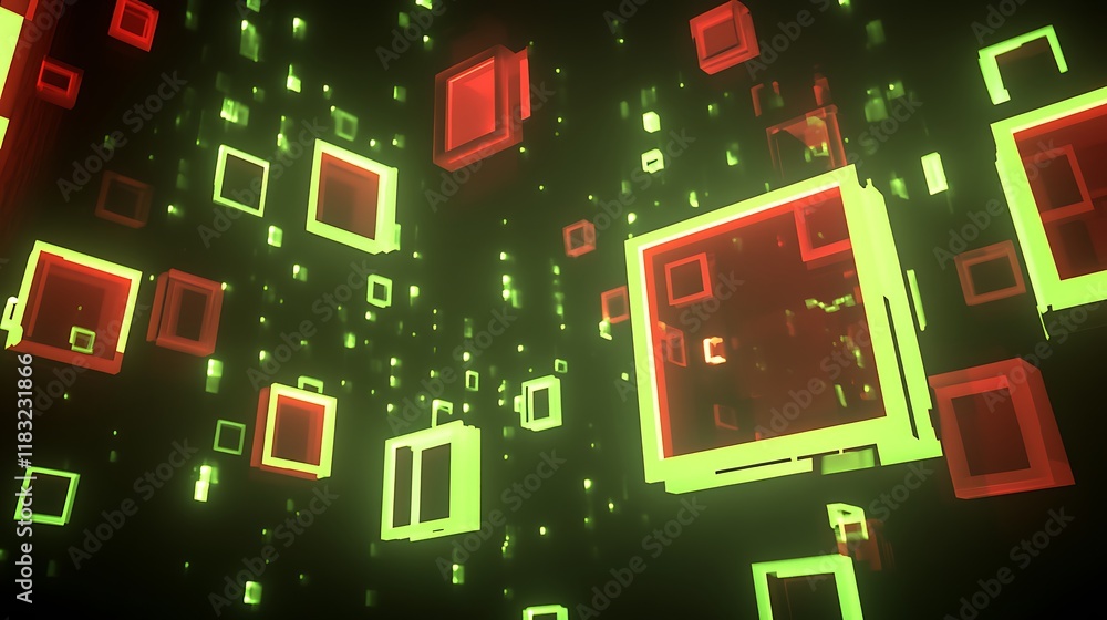 Poster glowing red and green squares float in dark space
