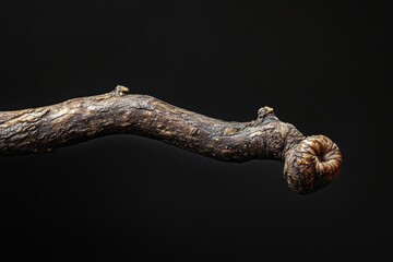 Obraz premium Unique gnarled branch with intricate details against a dark background showcasing nature's artistry