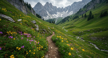 Naklejka premium A rugged mountain trail winding through lush green valleys, with wildflowers blooming along the path and dramatic peaks towering in the distance