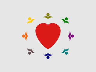 A graphic illustration featuring a red heart at the center