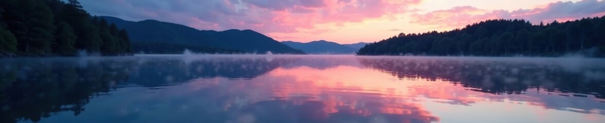 Gentle ripples disturb mirrored lake surface at dusk, calm, lake, serene