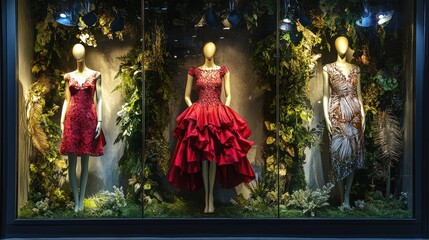 Obraz premium A stylish display of three elegant dresses in a lush, green setting, showcasing vibrant colors and intricate designs against a nature-inspired backdrop.