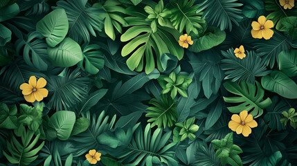 Fototapeta premium Vibrant tropical leaves and yellow flowers create a serene botanical backdrop