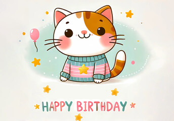 Happy birthday. cartoon postcard. illustration. cute cat. Generated AI