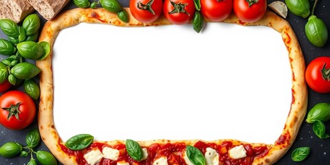 Ingredients for making pizza including cheese, pepperoni, tomatoes, and basil arranged in a double border overhead view on a dark banner background with copy space, pepperoni, ingredients