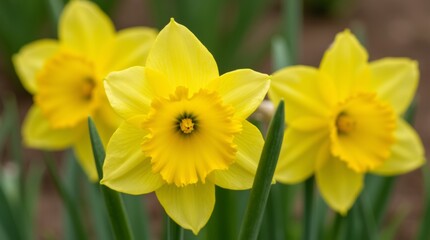 Fototapeta premium A close-up of bright daffodils blooming in a garden
