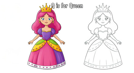 Princess Coloring Page: Q is for Queen. Children coloring book