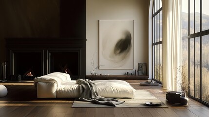 Luxurious modern living room, floor-to-ceiling windows, forest view, minimalist gray sectional sofa, abstract art, fireplace, wooden floors, neutral color palette, natural light, cozy interior design,