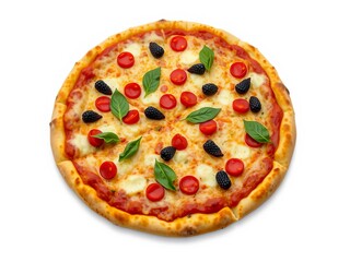 Large classic homemade pizza with crispy crust, gooey cheese, and savory toppings on a white isolated background, classic, Italian