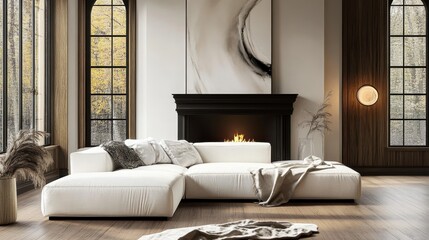 Luxurious modern living room, floor-to-ceiling windows, forest view, minimalist gray sectional sofa, abstract art, fireplace, wooden floors, neutral color palette, natural light, cozy interior design,