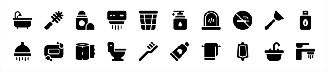 Set of bathroom icons. 20 sets of bathroom icons. bathroom icons. Simple glyph bathroom icons