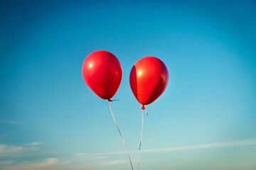 Fototapeta premium Minimalist Photography: Two Red Balloons Floating Against a Clear Sky