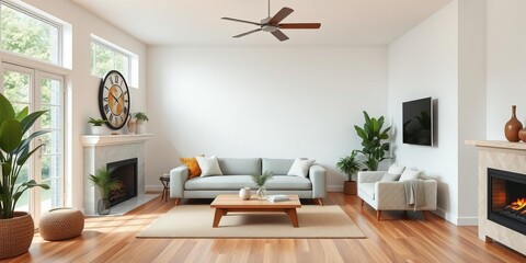Living room with furniture, fireplace, hardwood flooring, plant, interior design, fireplace