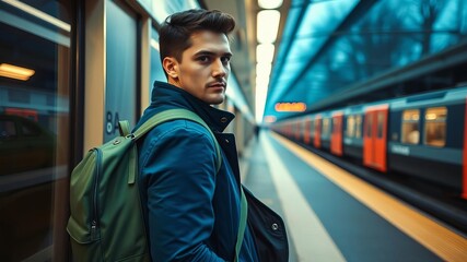 Lonely handsome adult with green backpack waiting on metro platform during morning commute in modern city, lonely, adult
