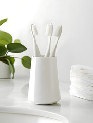 Organized toothbrush holder with three white toothbrushes, perfect for bathroom storage. sleek design complements modern decor, enhancing cleanliness and style