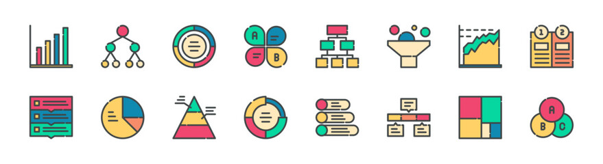 Set of infographics icons. 16 sets of infographics icons. infographics icons. Simple line color infographics icons