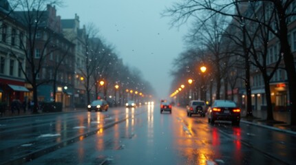 Rain falling on city streets, wet pavement reflecting lights, gray clouds, calm and quiet, peaceful rainy day mood.