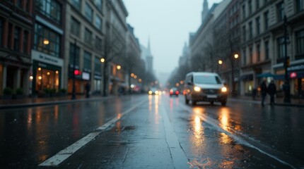 Obraz premium Rain falling on city streets, wet pavement reflecting lights, gray clouds, calm and quiet, peaceful rainy day mood.