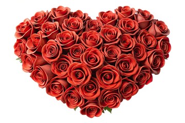 A heart of crimson roses, 3D rendered, stands alone against a pristine white backdrop, perfect for Valentine's Day romance.