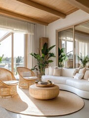 Bright airy living room, large arched windows, white walls, wood flooring, minimalist decor, round wooden coffee table, white curved sofas, beige ottoman, potted banana plant, natural light, coastal c