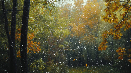 Fototapeta premium Autumn rain showers fall in a colorful forest setting during a tranquil afternoon