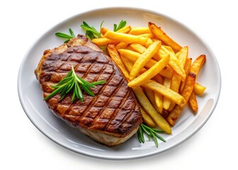 Sizzling sirloin steak, perfectly grilled, alongside crispy golden fries. A top-down view of juicy perfection.