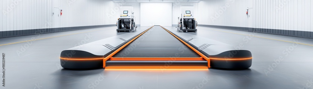Poster a futuristic transport system featuring a sleek track with illuminated edges, set in a minimalist, h