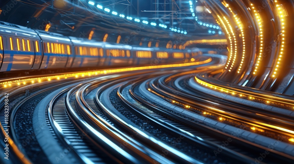 Poster capture the energy of a railway switching yard with multiple tracks and trains in motion