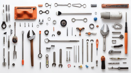 Fototapeta premium collection of high quality tools for factory and workshop use, including wrenches, pliers, and screws, showcasing precision and durability