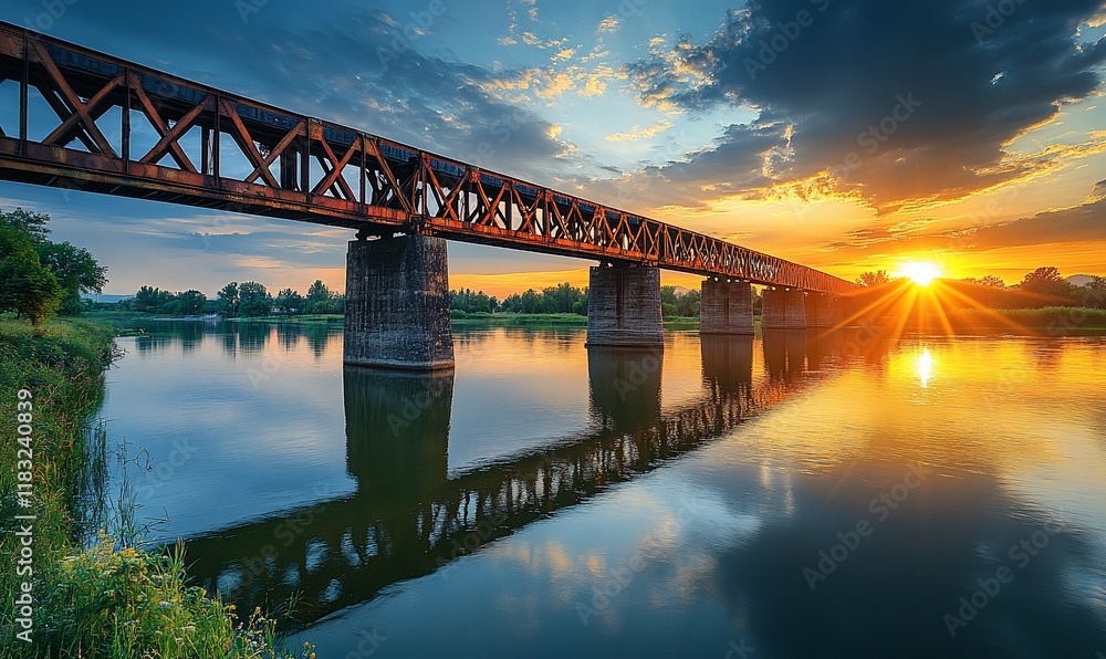 Canvas Prints River bridge sunset landscape, tranquil scene