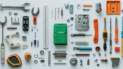 flat lay of various professional tools for electrical work, showcasing precision and organization