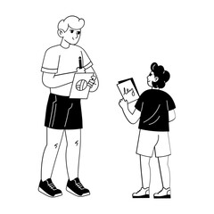 A hand drawn illustration of a fan taking an autograph from volleyball player 

