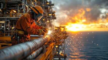 A diligent worker welds metal on an offshore platform during a vibrant sunset.