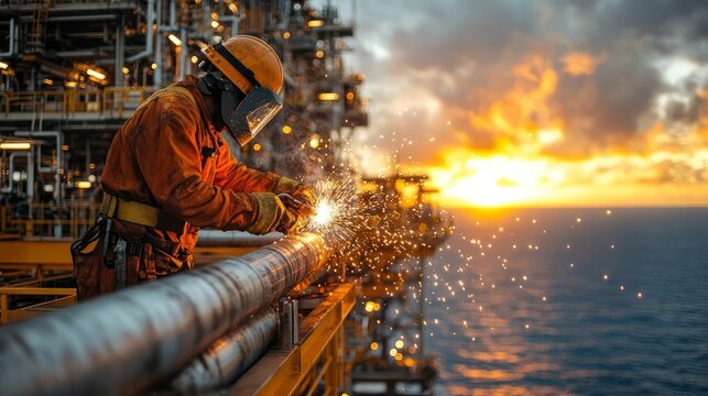 A diligent worker welds metal on an offshore platform during a vibrant sunset.
