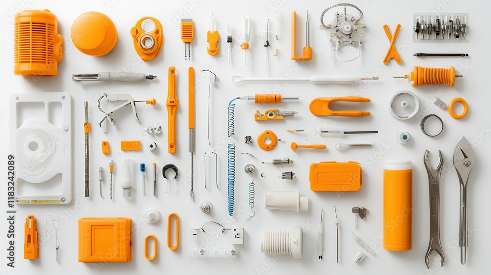 Poster collection of various orange tools and components arranged neatly, showcasing their industrial desig
