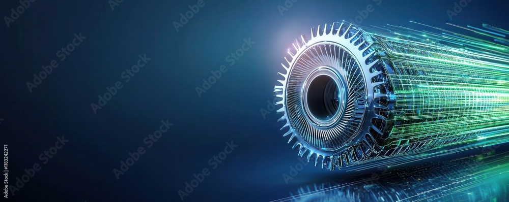 Poster a futuristic turbine-like structure emits vibrant digital data streams against a dark backdrop, symb