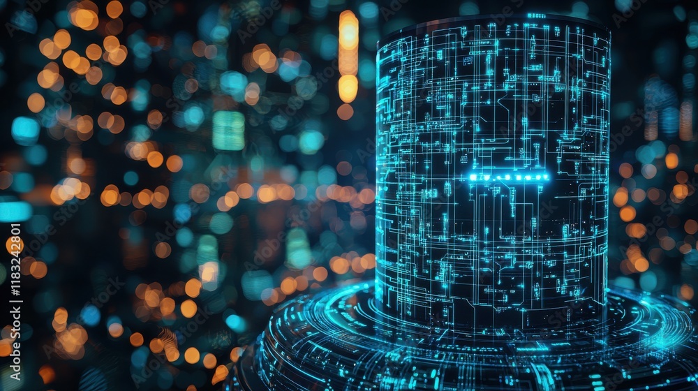 Poster a futuristic, illuminated cylinder displays intricate data patterns against a backdrop of glowing di