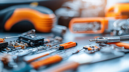 Fototapeta premium Close up of precision hand tools and electrical equipment on workbench, showcasing craftsmanship and detail
