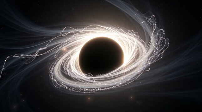 A digital rendering of a supermassive black hole, surrounded by a swirling vortex of cosmic debris.  The black hole's event horizon is a dark sphere, with a bright glowing accretion disk.  Dynamic lum