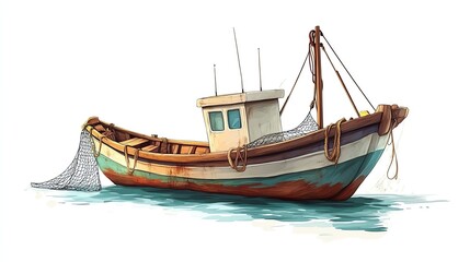 Obraz premium a 2D cartoon illustration of a small fishing boat with nets, calm and traditional, white background--ar 16:9