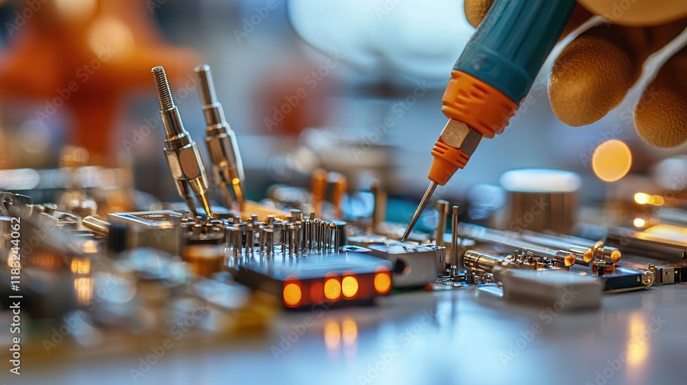 Poster close up of professional tools for electrical work on circuit board, showcasing precision and detail