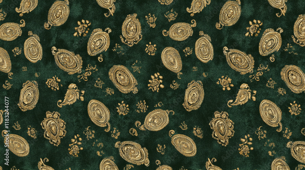 Poster elegant green fabric with intricate gold patterns suitable for various design projects