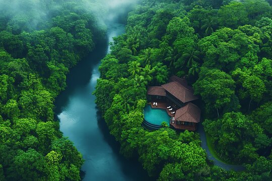 A tranquil riverside villa nestled in a dense, lush rainforest is surrounded by vibrant greenery and misty morning atmosphere, offering a peaceful retreat in nature