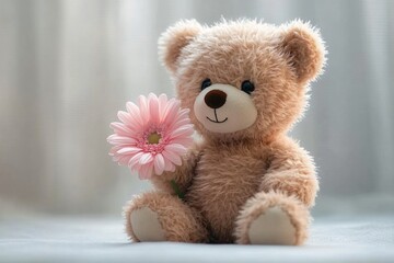 Obraz premium A cute teddy bear holding a pink flower in a minimalistic indoor setting, perfect for birthdays, baby showers, or children's decor, evoking warmth and cuteness.