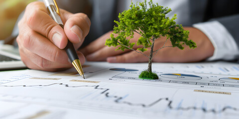 A hand writing on financial documents with a small tree symbolizing growth.