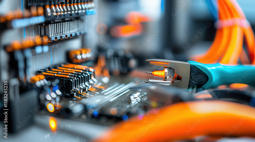 Aufkleber close up of professional electrical tools and circuit components, showcasing precision and detail in
